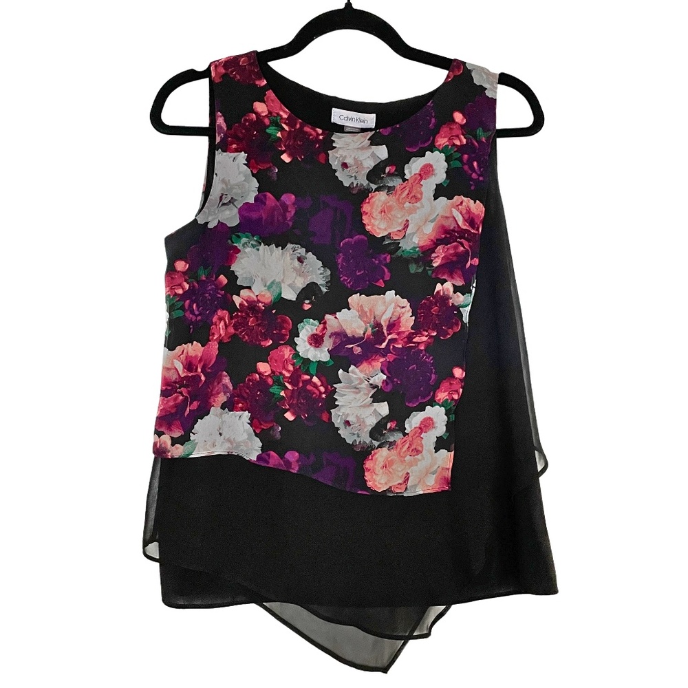Calvin Klein Black Floral Sleeveless Layered Scarf Office Tank Top Small